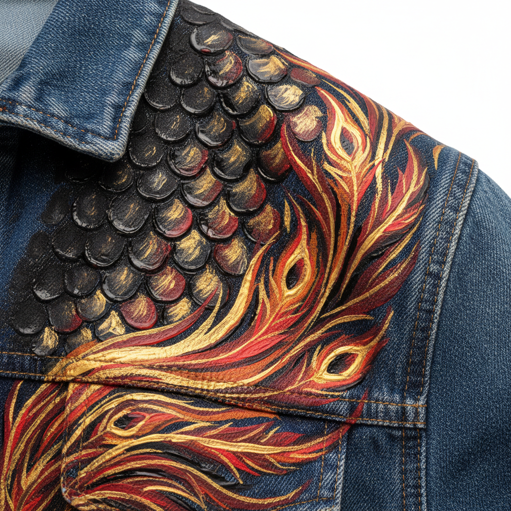 Hand-Painted Casual Denim Jacket Full Custom Masterpiece - Dragon & Phoenix Detail Close-Up