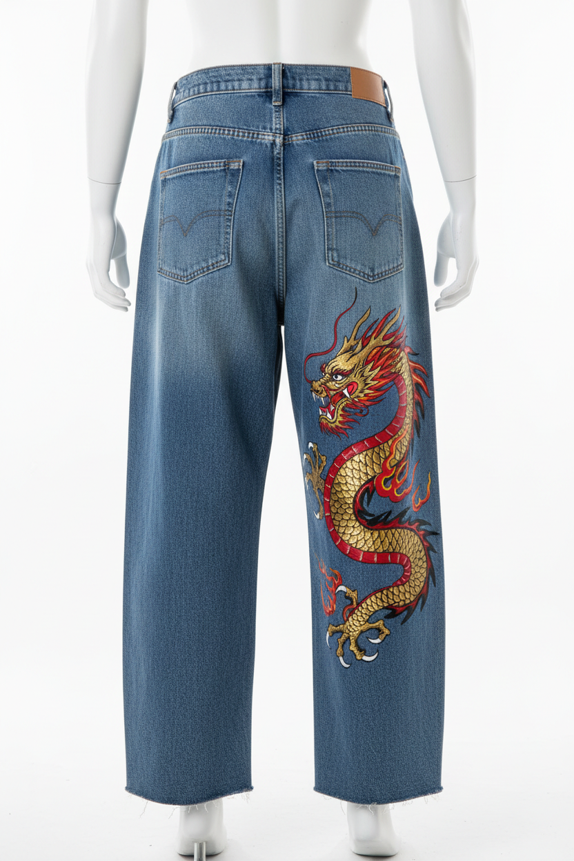 Hand-Painted Baggy Jeans Signature Design - Dragon Back View