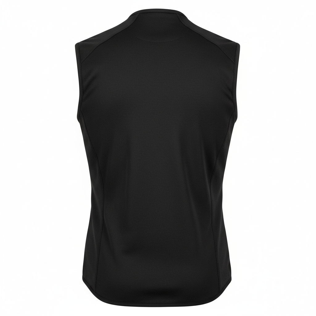 Plain black heated motorcycle riding vest and base top, rear view on white background