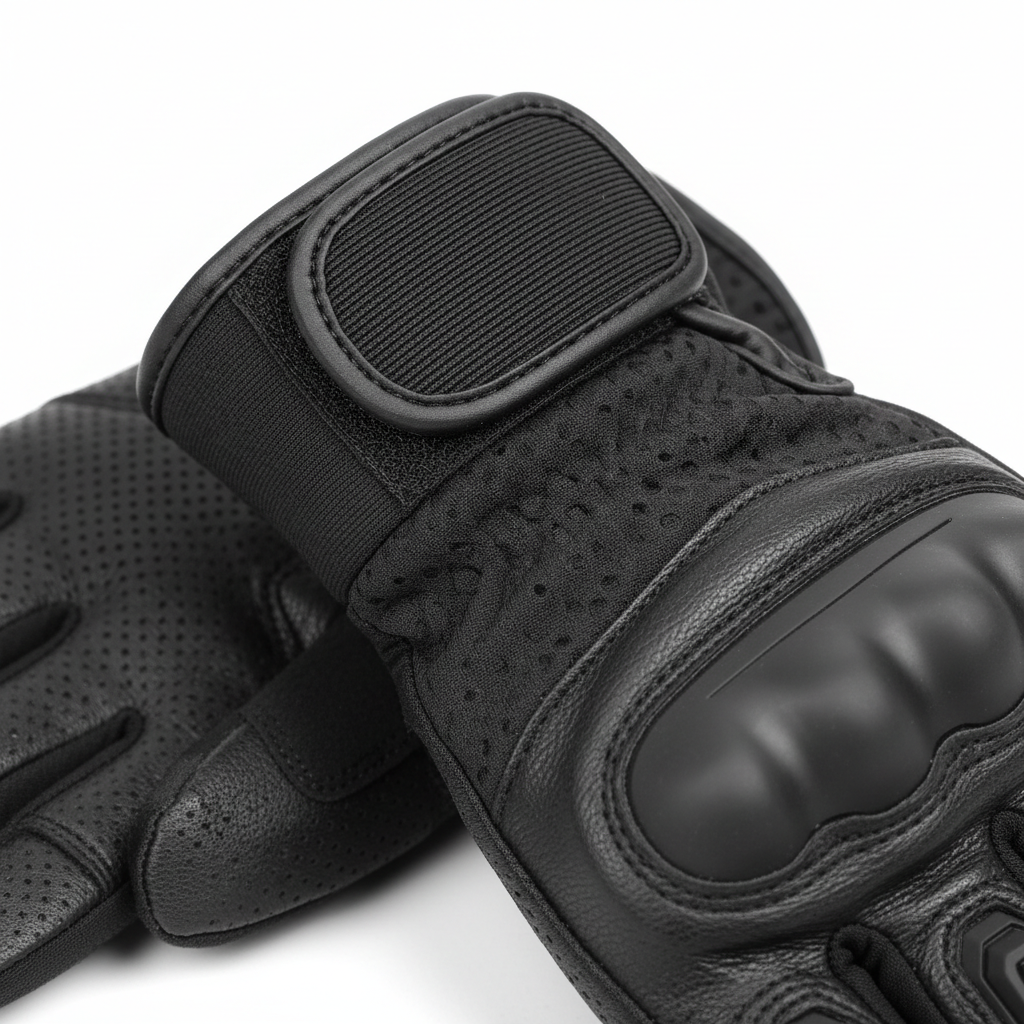 Close-up of plain unbranded black shorty motorcycle glove wrist closure, touchscreen fingertip, and cuff detail