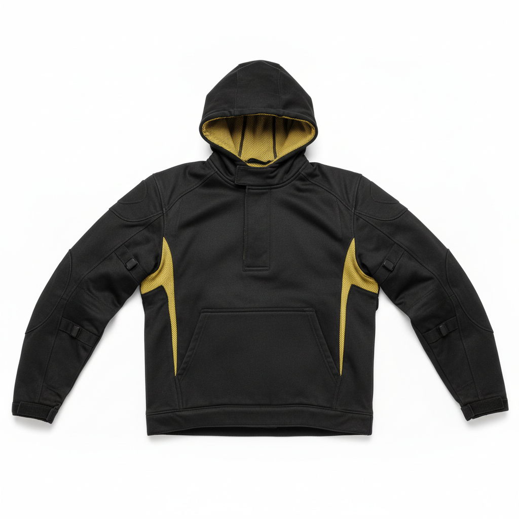 Plain unbranded black Kevlar aramid-lined motorcycle hoodie, front view on white background