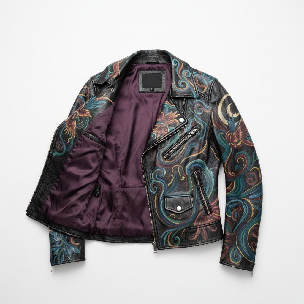 Hand-painted women's black leather motorcycle jacket with detailed artwork, flat lay view showing full intricate artwork and interior lining