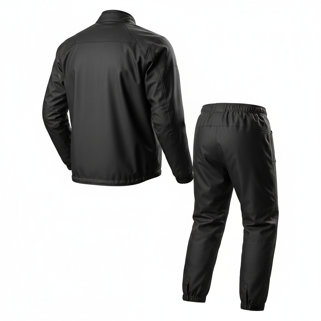 Plain unbranded black waterproof motorcycle over-jacket and trousers set, rear view on white background