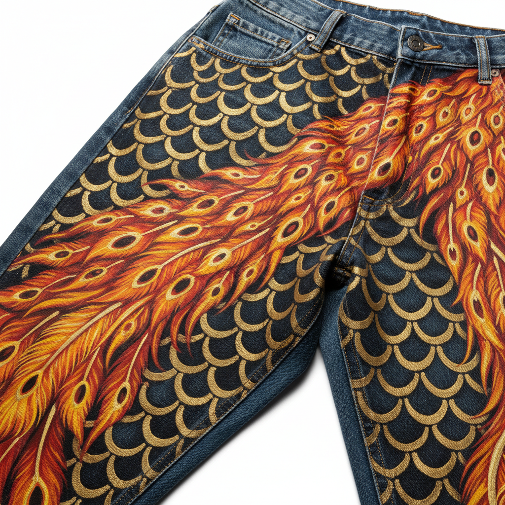 Hand-Painted Baggy Jeans Full Custom Masterpiece - Dragon & Phoenix Detail Close-Up