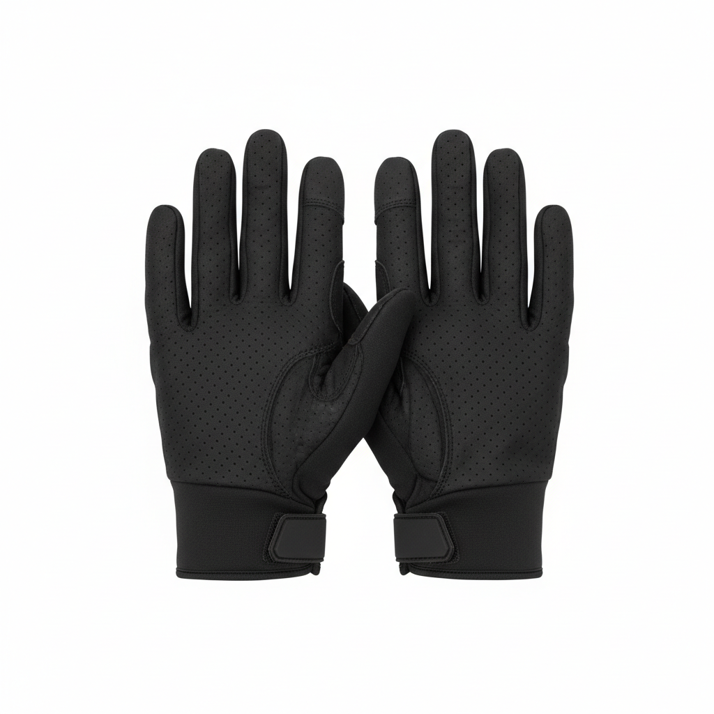Plain unbranded black perforated short-cuff motorcycle street riding gloves, overhead flat lay on white background