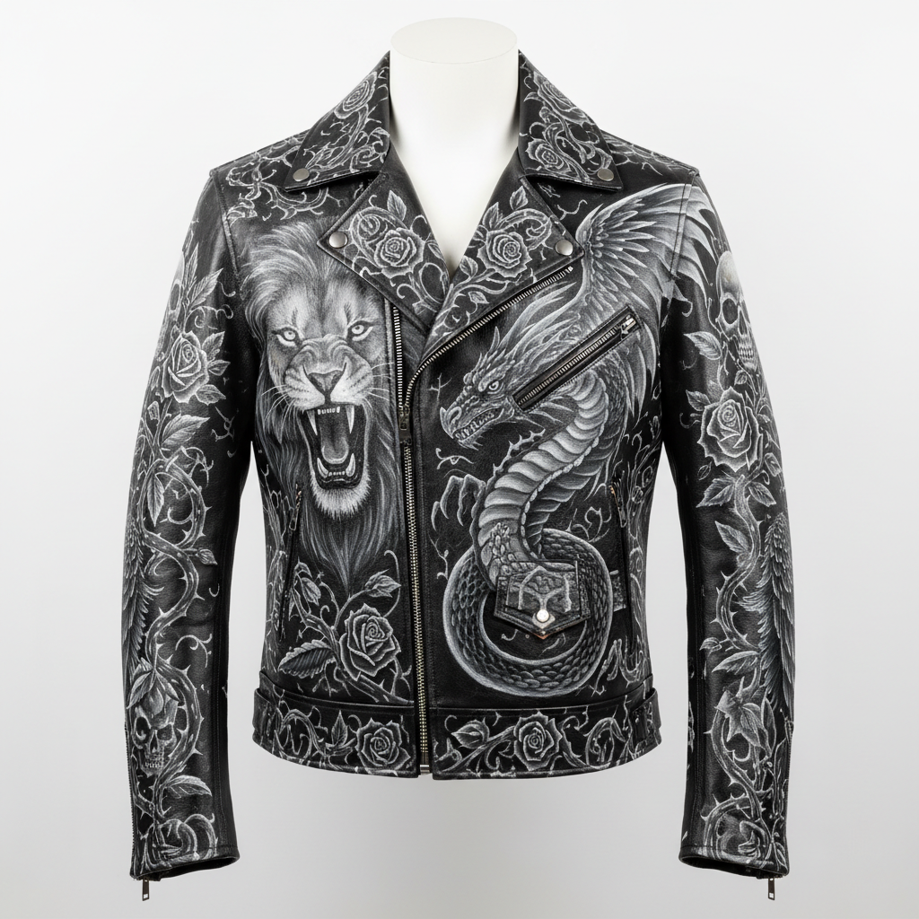 Hand-painted black leather motorcycle jacket with full custom masterpiece artwork, front view on invisible mannequin, elaborate artwork on chest, shoulders, and sleeves