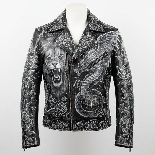 Hand-painted black leather motorcycle jacket with full custom masterpiece artwork, front view on invisible mannequin, elaborate artwork on chest, shoulders, and sleeves