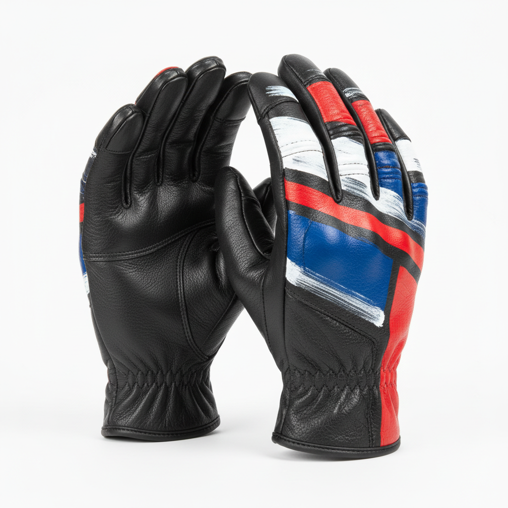 Black leather motorcycle gloves with hand-painted red white and cobalt-blue abstract artwork, three-quarter rear view on white background