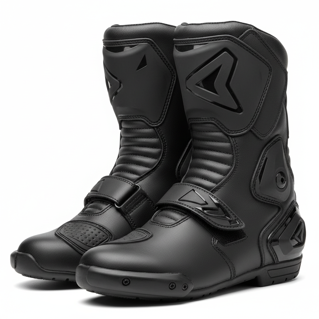 Close-up of plain black ankle protection and leather detail on motorcycle racing boots