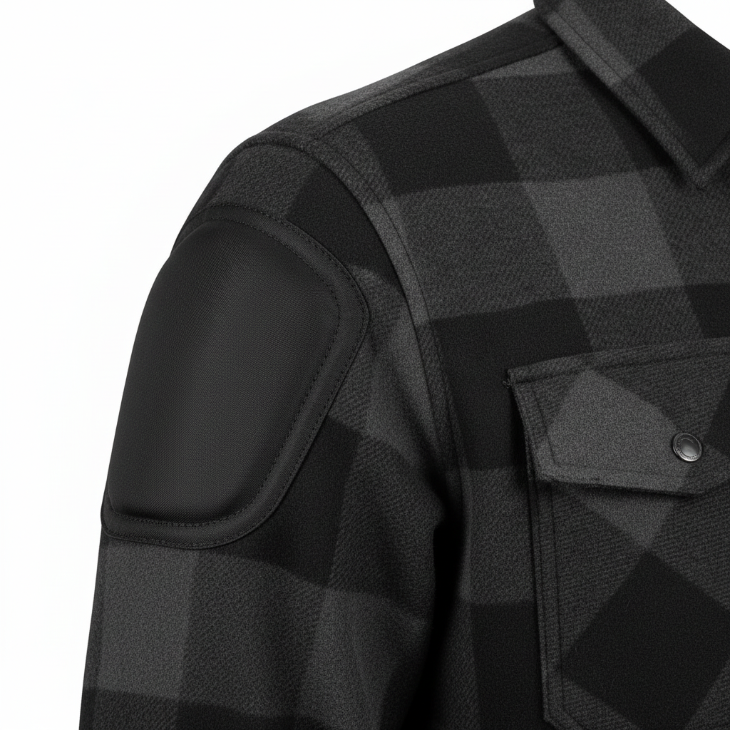 Shoulder armour pocket detail on unbranded motorcycle riding shirt