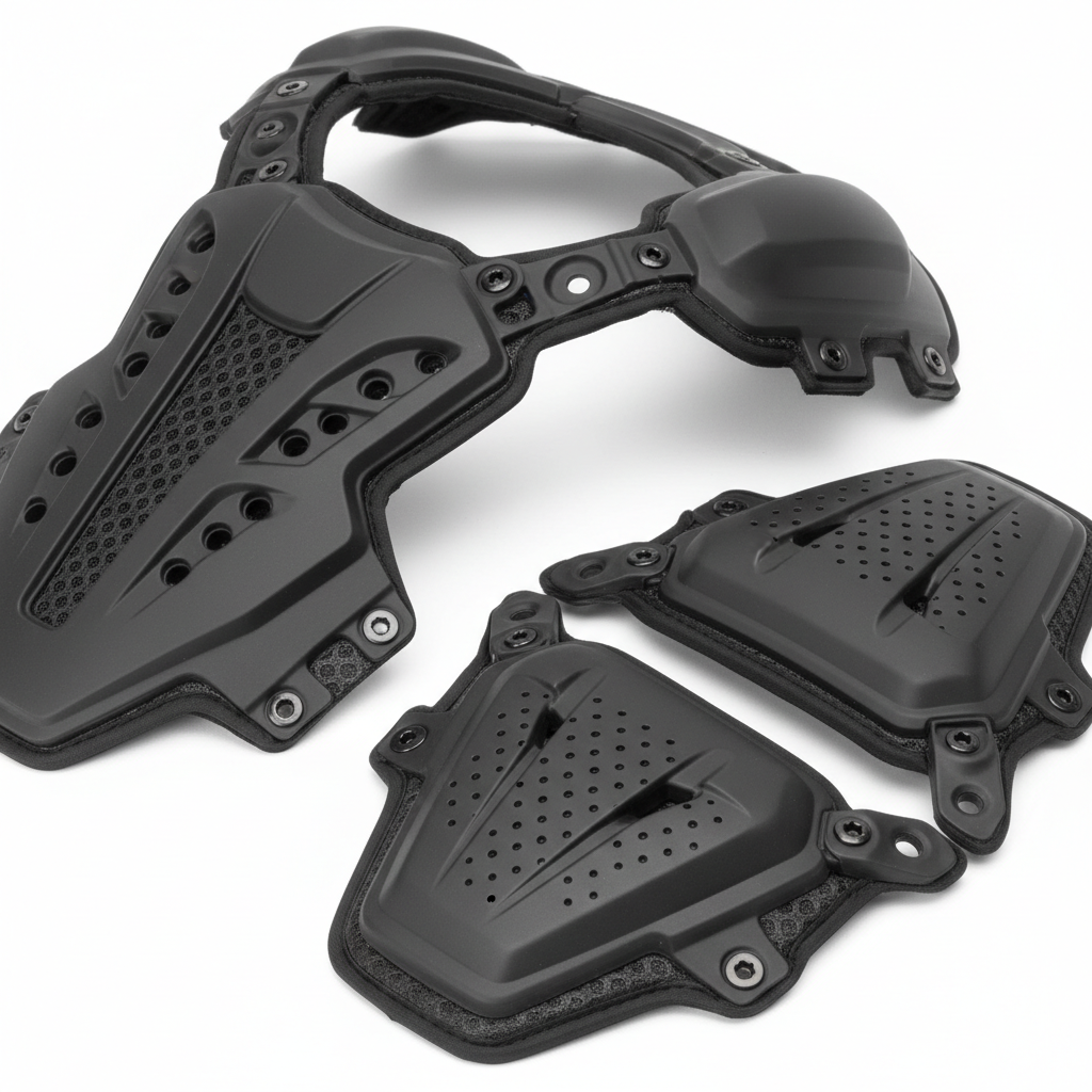 Close-up of plain unbranded matte black CE Level 2 armor molded surface, ventilation channels, flexible hinge zones, and texture