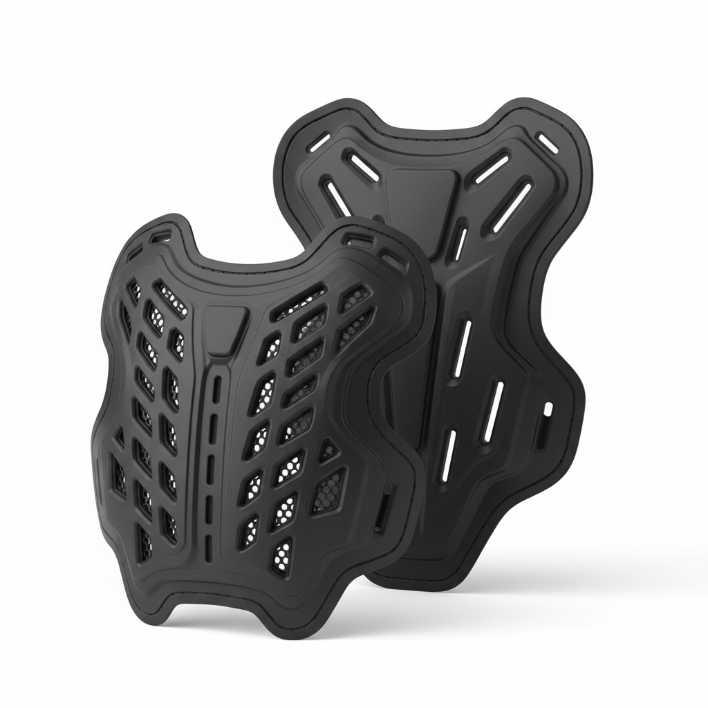 Plain unbranded matte black CE Level 2 motorcycle back and chest armor insert set, front view on white background