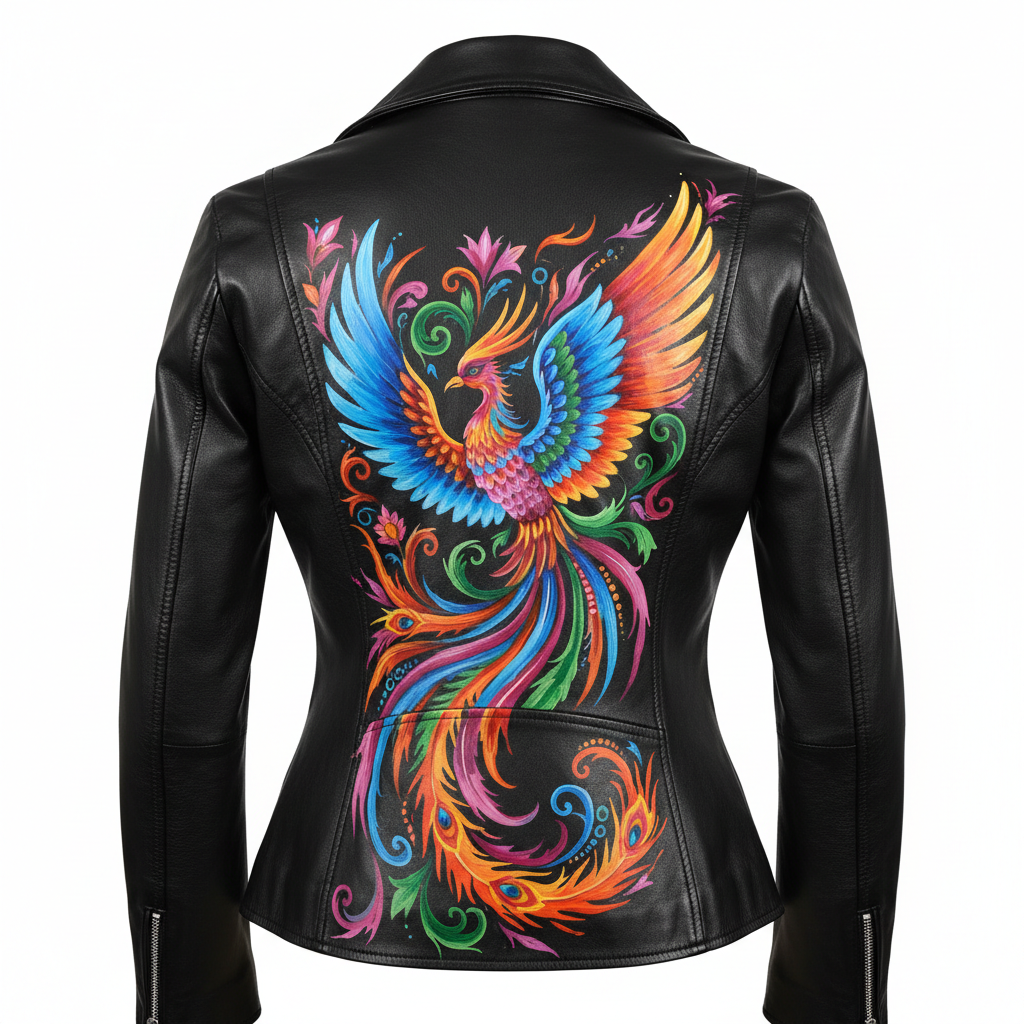 Hand-painted women's black leather motorcycle jacket, back view on invisible mannequin, vibrant artwork across back panel