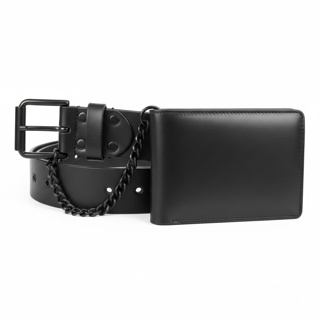 Plain unbranded black heavy-duty leather motorcycle riding belt and matching chain wallet, rear view on white background