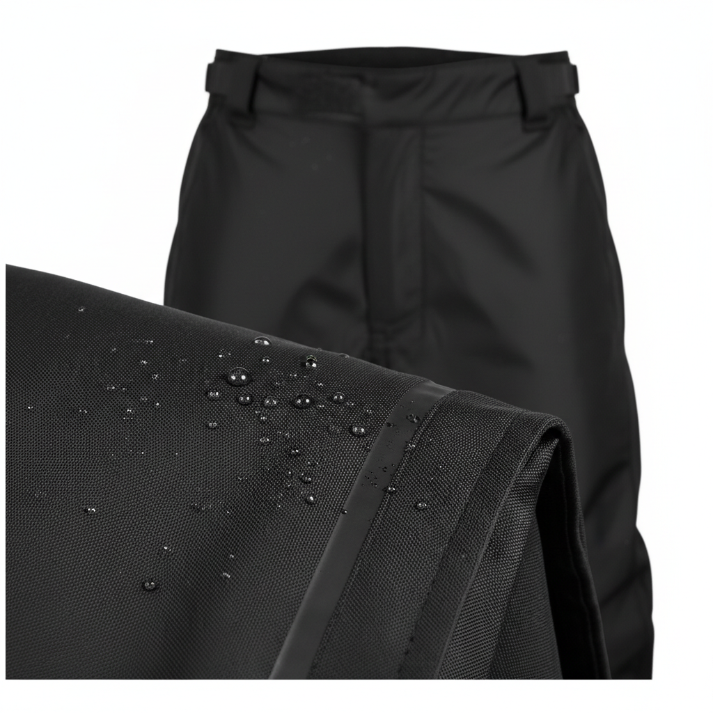 Close-up of plain unbranded black waterproof textile, sealed seam, and water-resistant surface detail