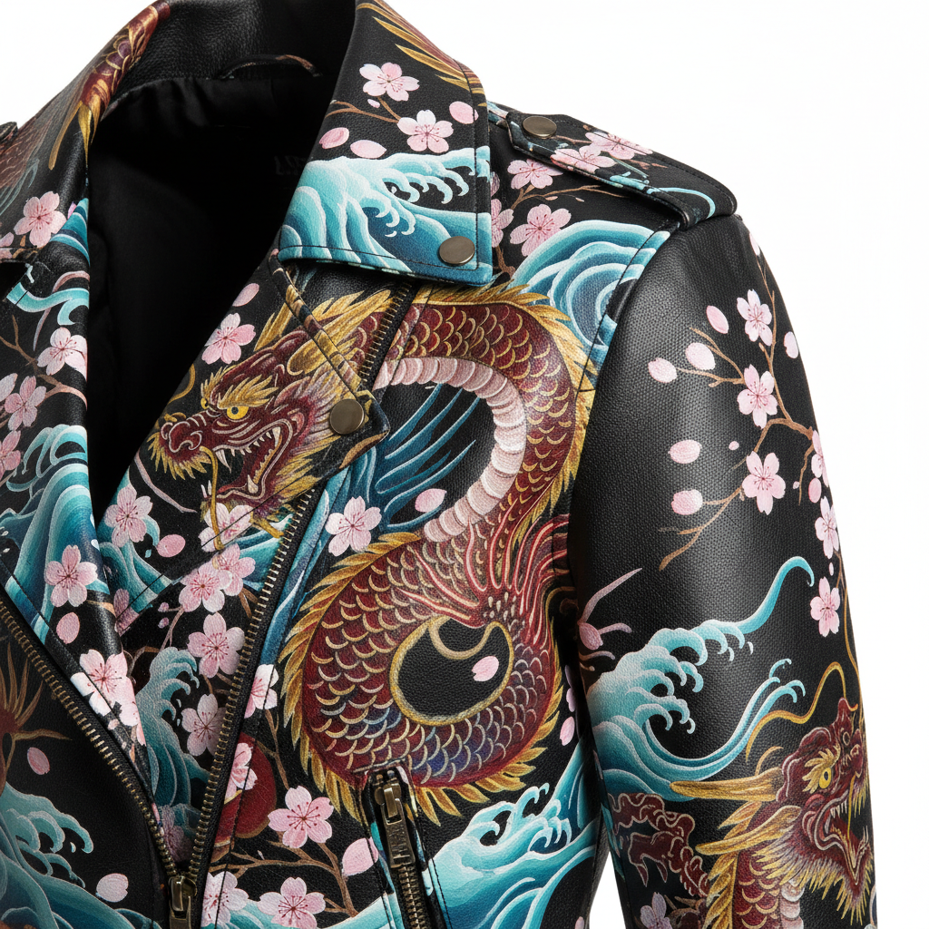 Hand-painted women's black leather motorcycle jacket with detailed artwork, extreme detail close-up of artwork on shoulder and chest showing fine brush strokes and paint texture