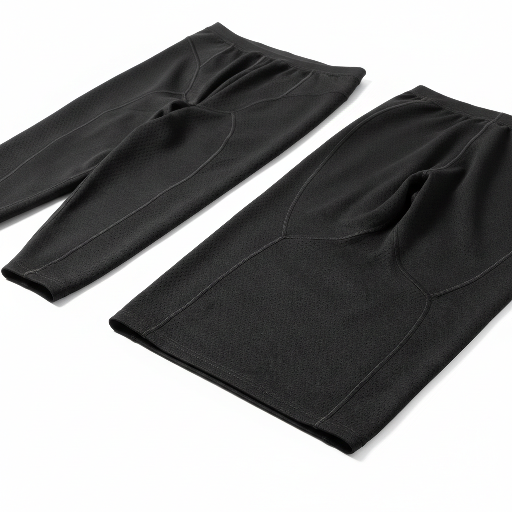 Close-up of plain unbranded black moisture-wicking technical fabric and flat seam detail on motorcycle base layers