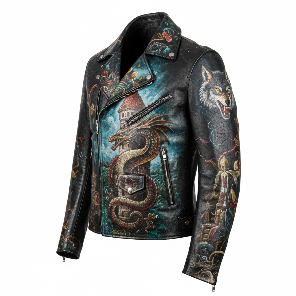 Hand-painted black leather motorcycle jacket with full custom masterpiece artwork, 3/4 front view showing depth and dimension with elaborate artwork on chest, shoulder, and sleeve