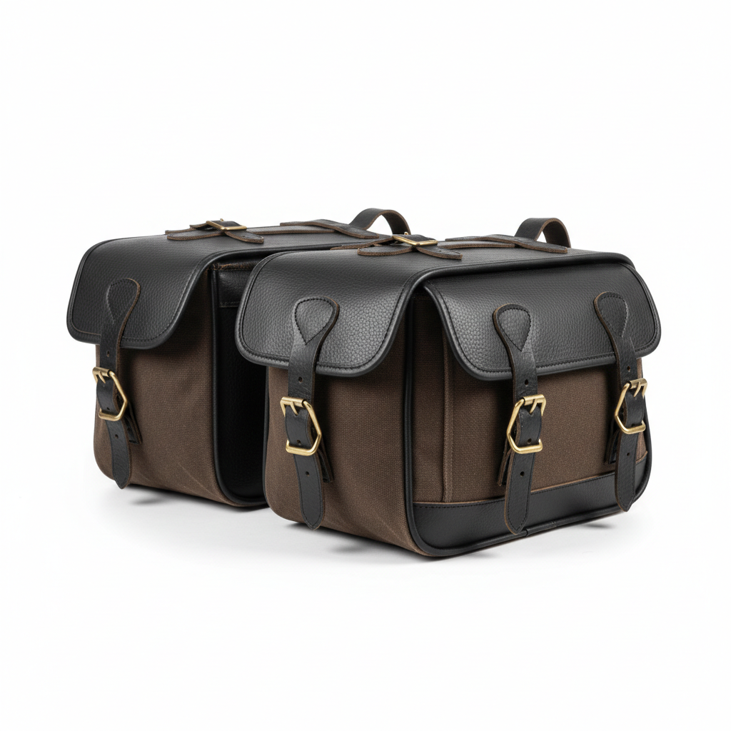 Unbranded leather and canvas motorcycle panniers, three-quarter front view on white background