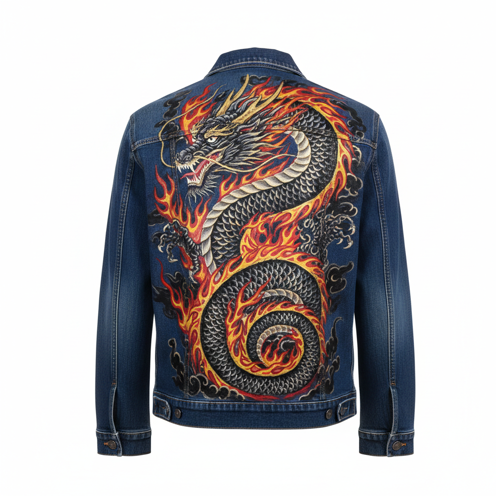 Hand-Painted Casual Denim Jacket Full Custom Masterpiece - Dragon Back View