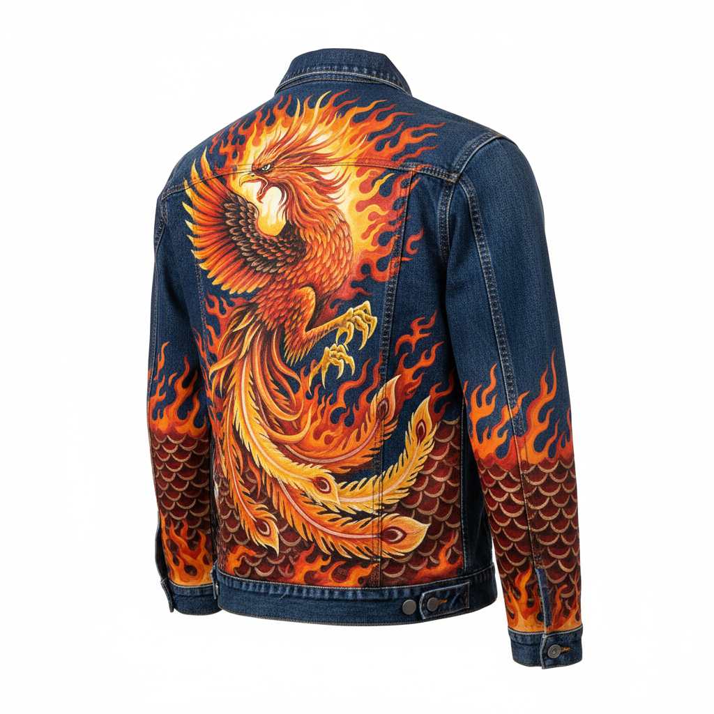 Hand-Painted Casual Denim Jacket Full Custom Masterpiece - Phoenix Merge 3/4 View