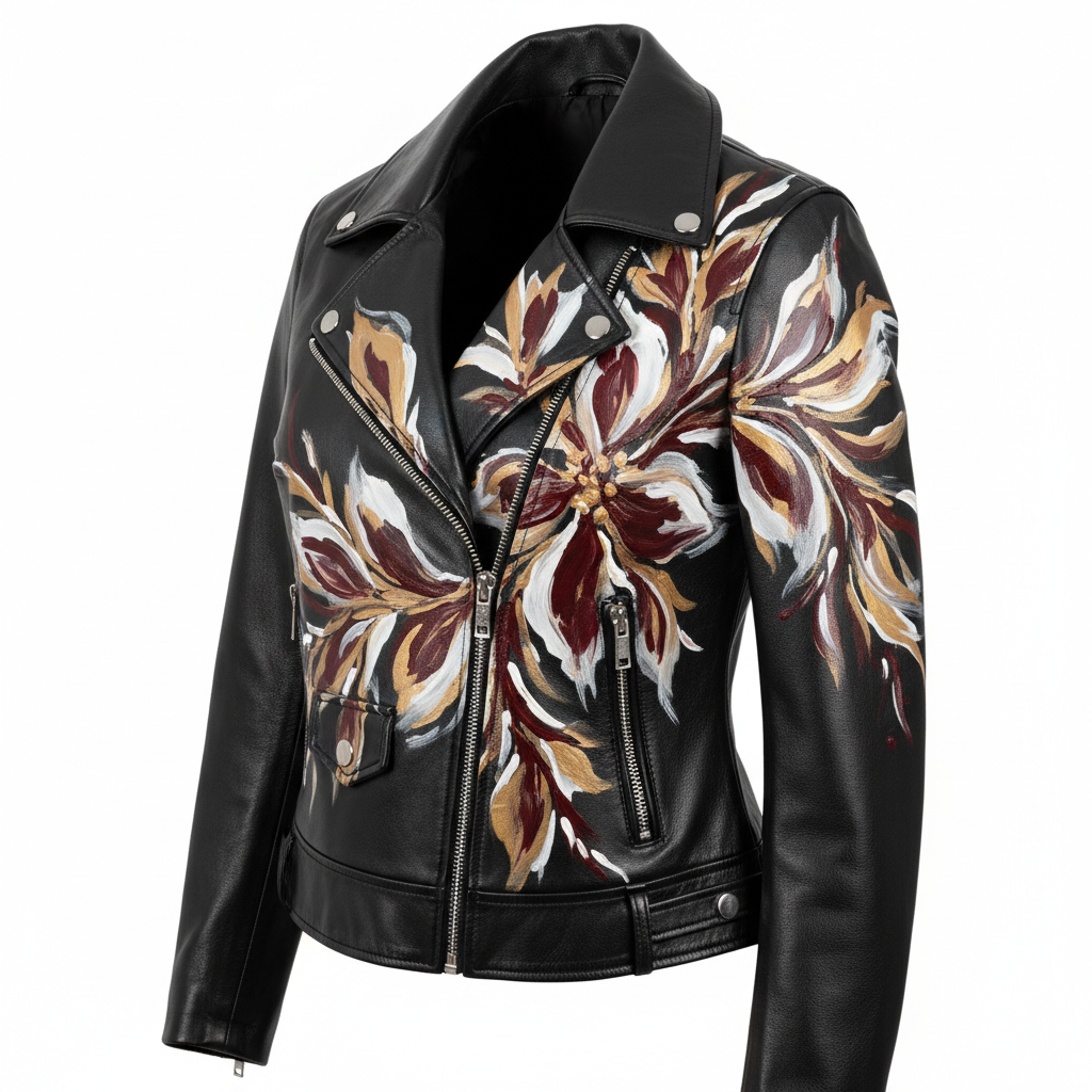 Hand-painted women's black leather motorcycle jacket with signature design, 3/4 front view showing depth and dimension with artwork on chest, shoulder, and sleeve