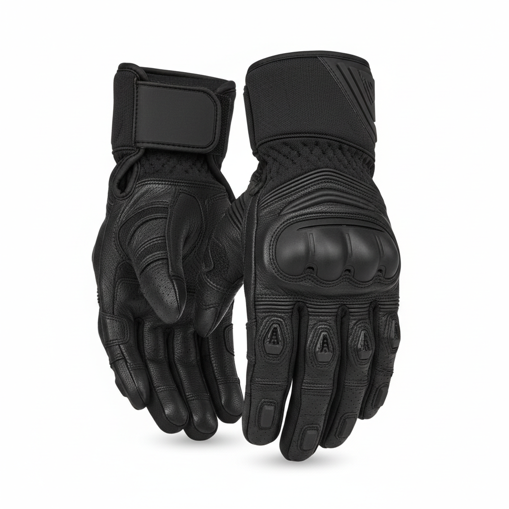 Plain black motorcycle racing gloves, three-quarter front view on white background