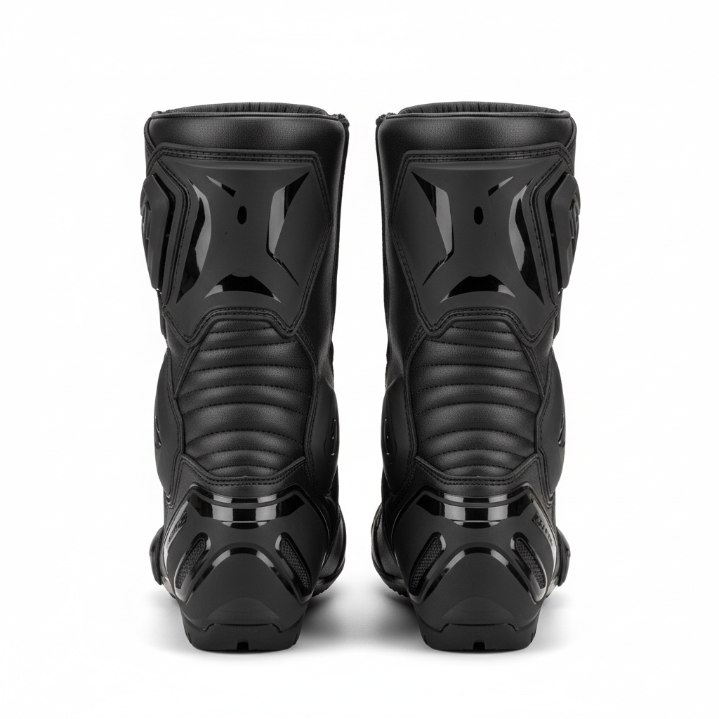 Plain black motorcycle racing boots, rear view on white background