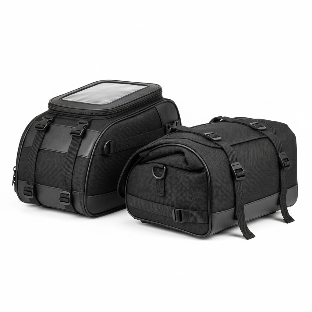 Plain unbranded black motorcycle tank and tail bags, rear view on white background