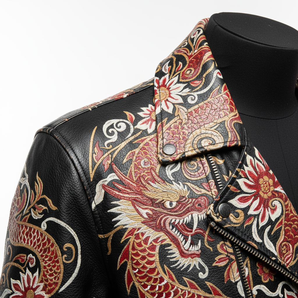 Hand-painted black leather motorcycle jacket, extreme detail close-up of artwork on shoulder and chest showing brush strokes and paint texture