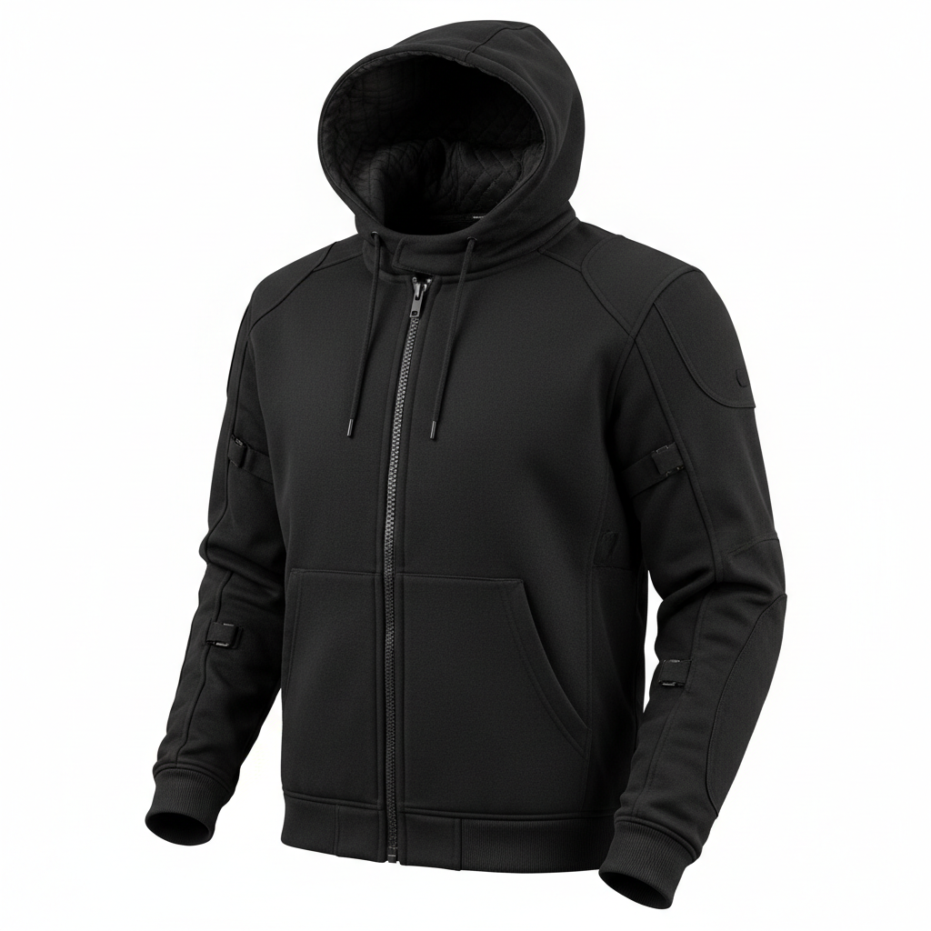 Plain unbranded black Kevlar aramid-lined motorcycle hoodie, three-quarter front view on white background