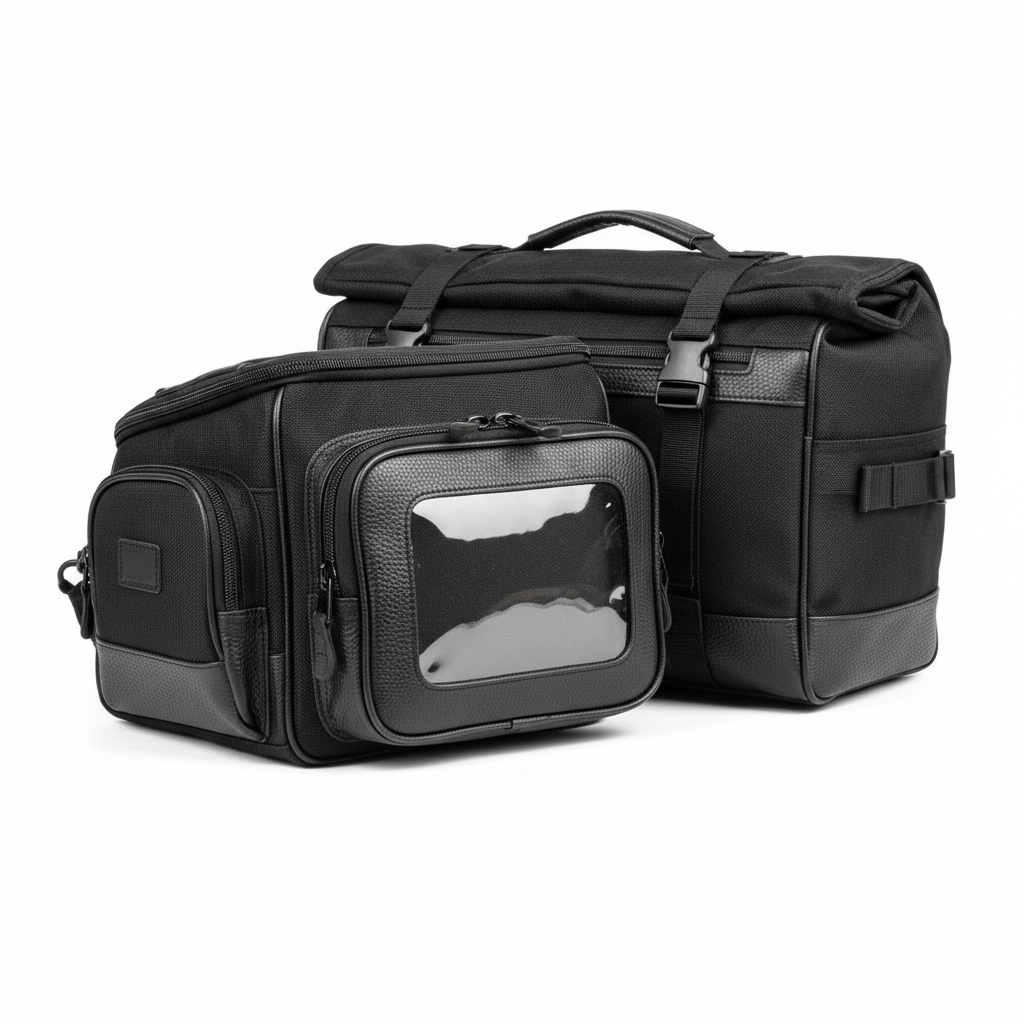 Plain unbranded black motorcycle tank and tail bags, front view on white background