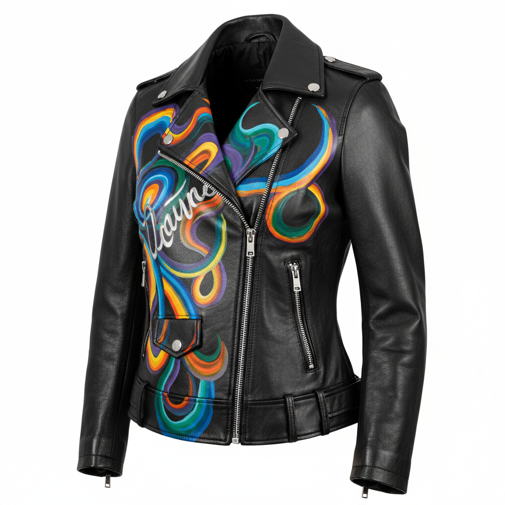 Hand-painted women's black leather motorcycle jacket with bold signature design artwork, 3/4 front view showing depth and dimension with bold artwork on chest, shoulder, and sleeve