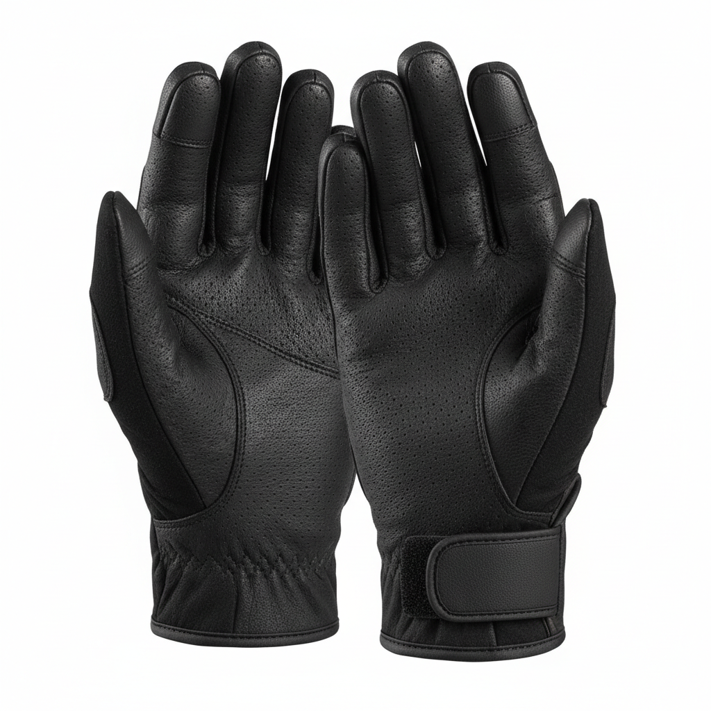 Plain unbranded black perforated short-cuff motorcycle street riding gloves, rear view on white background