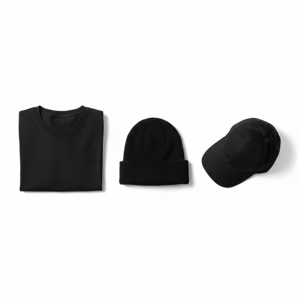Plain unbranded black motorcycle lifestyle apparel set with tee, beanie, and cap, overhead flat lay on white background
