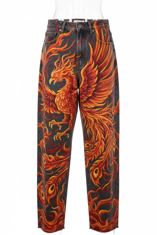 Hand-Painted Baggy Jeans Full Custom Masterpiece - Phoenix Front View