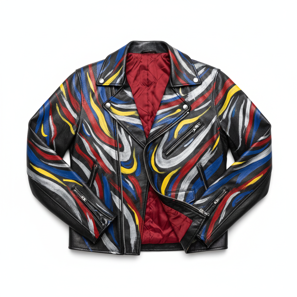 Hand-painted black leather motorcycle jacket with bold signature design artwork, flat lay view showing full bold artwork and interior lining