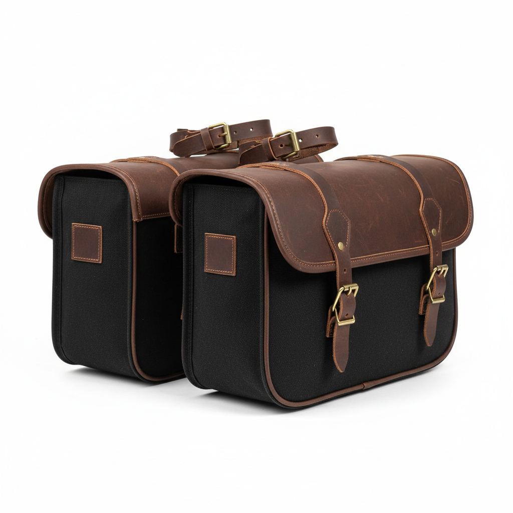 Unbranded leather and canvas motorcycle panniers, three-quarter rear view on white background