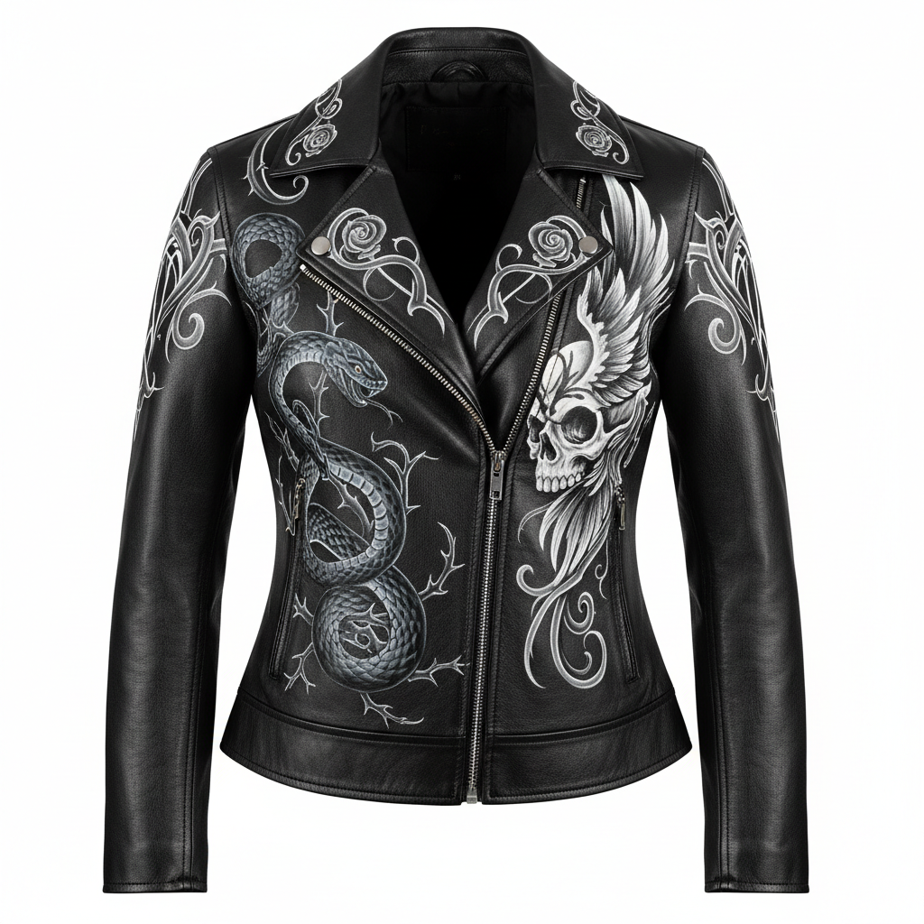 Hand-painted women's black leather motorcycle jacket with detailed artwork, front view on invisible mannequin, intricate artwork on chest and shoulders