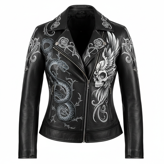 Hand-painted women's black leather motorcycle jacket with detailed artwork, front view on invisible mannequin, intricate artwork on chest and shoulders