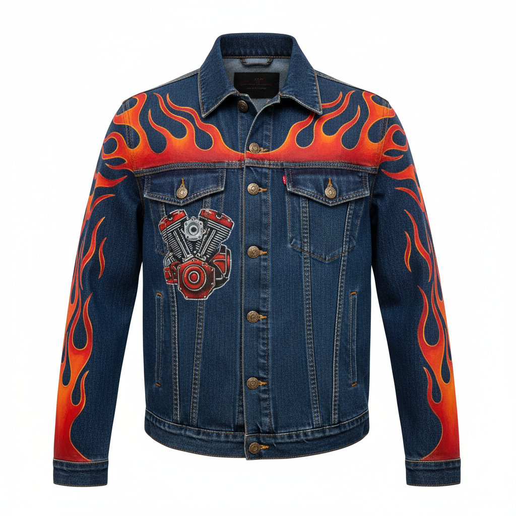 Hand-Painted Casual Denim Jacket Detailed Artwork - Flames & Engine Front View