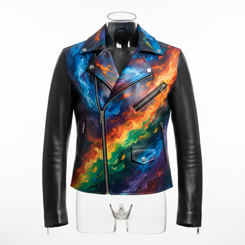 Hand-painted black leather motorcycle jacket, front view on invisible mannequin, vibrant artwork on chest and shoulders