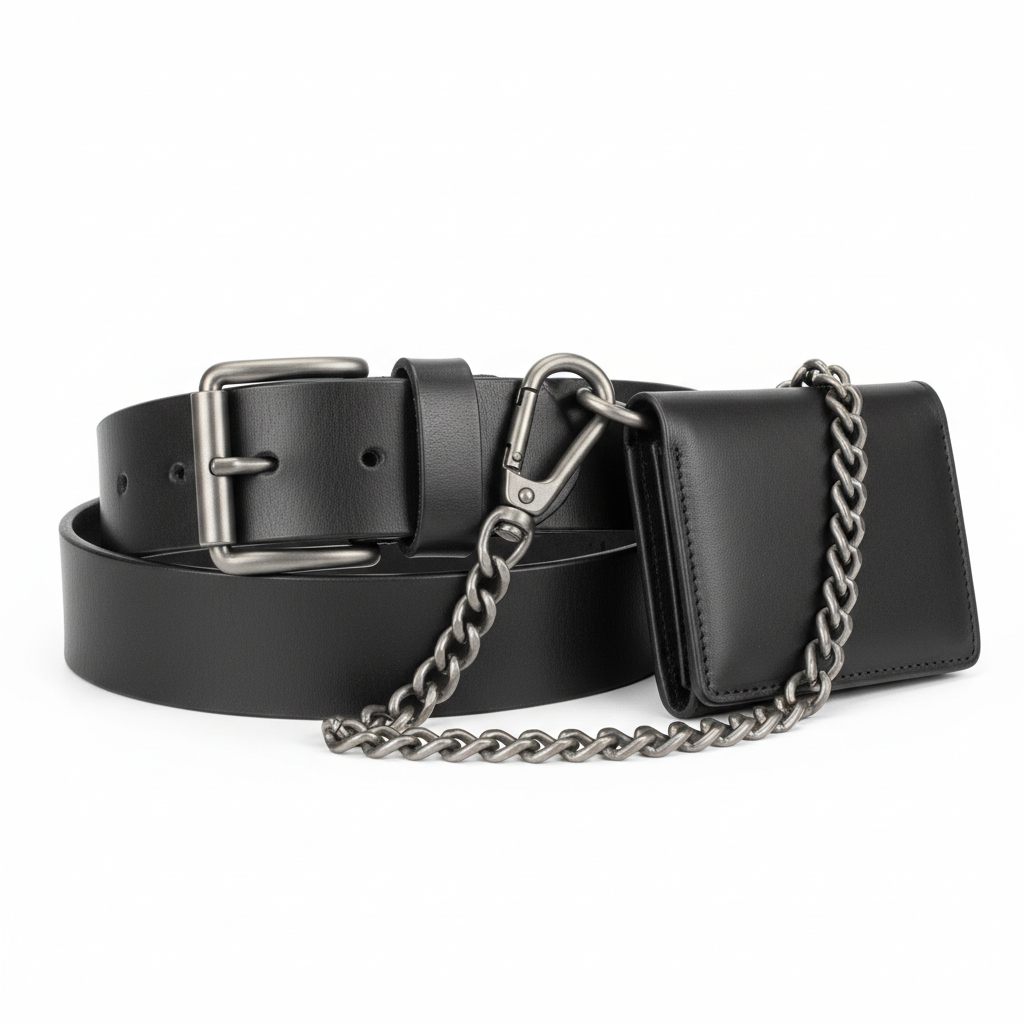 Plain unbranded black heavy-duty leather motorcycle riding belt and matching chain wallet, side view on white background