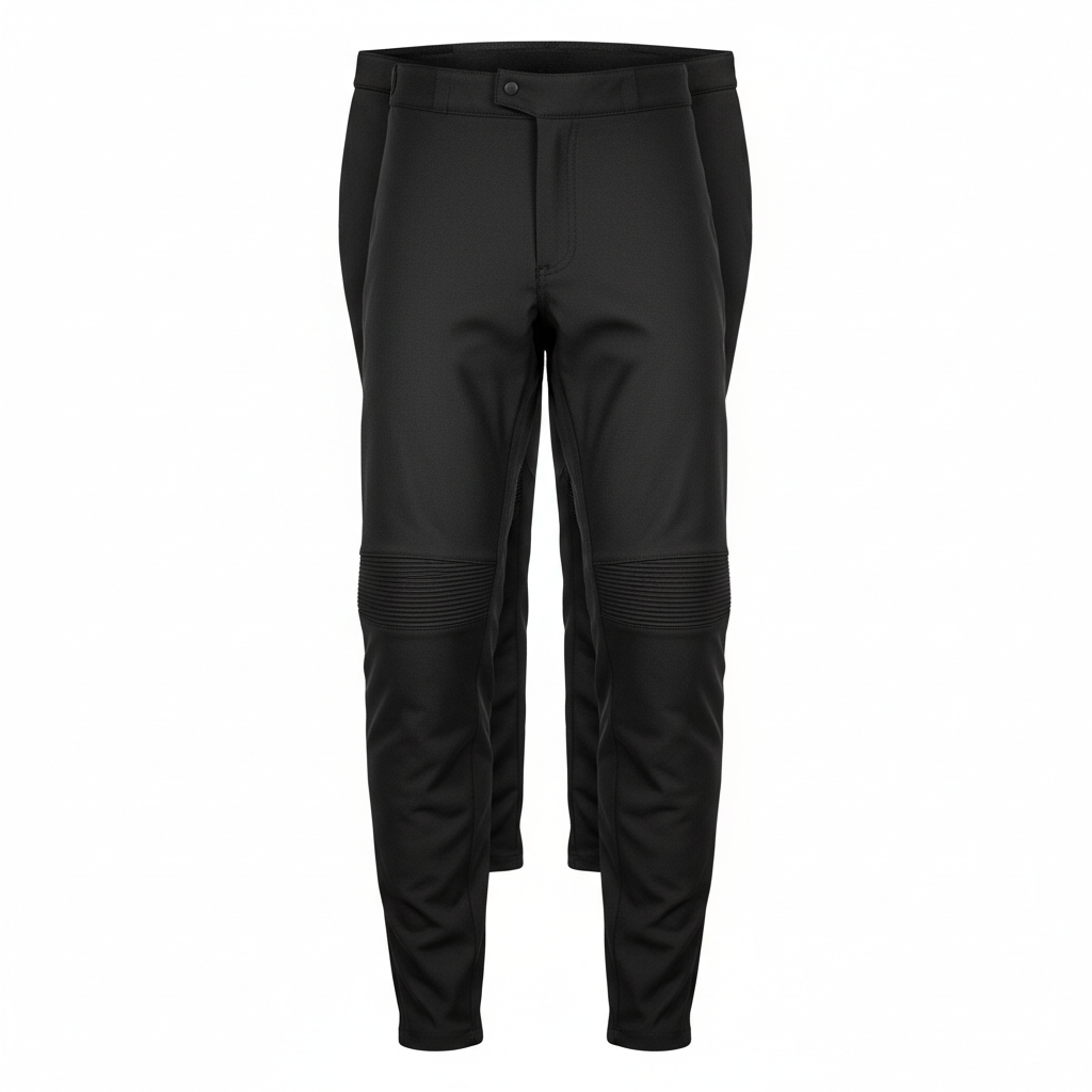 Plain black heated motorcycle riding pants and liner, front view on white background