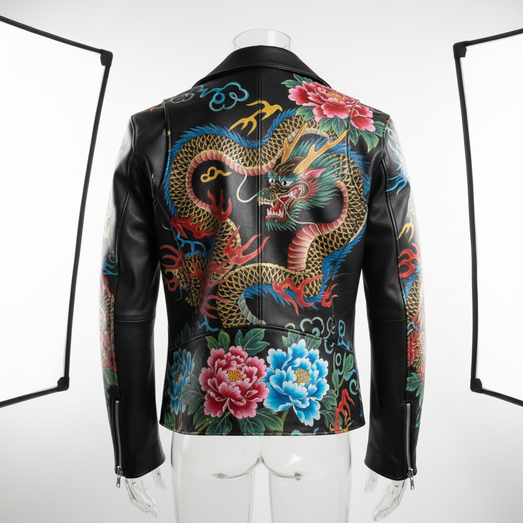 Hand-painted black leather motorcycle jacket, back view on invisible mannequin, vibrant artwork across back panel