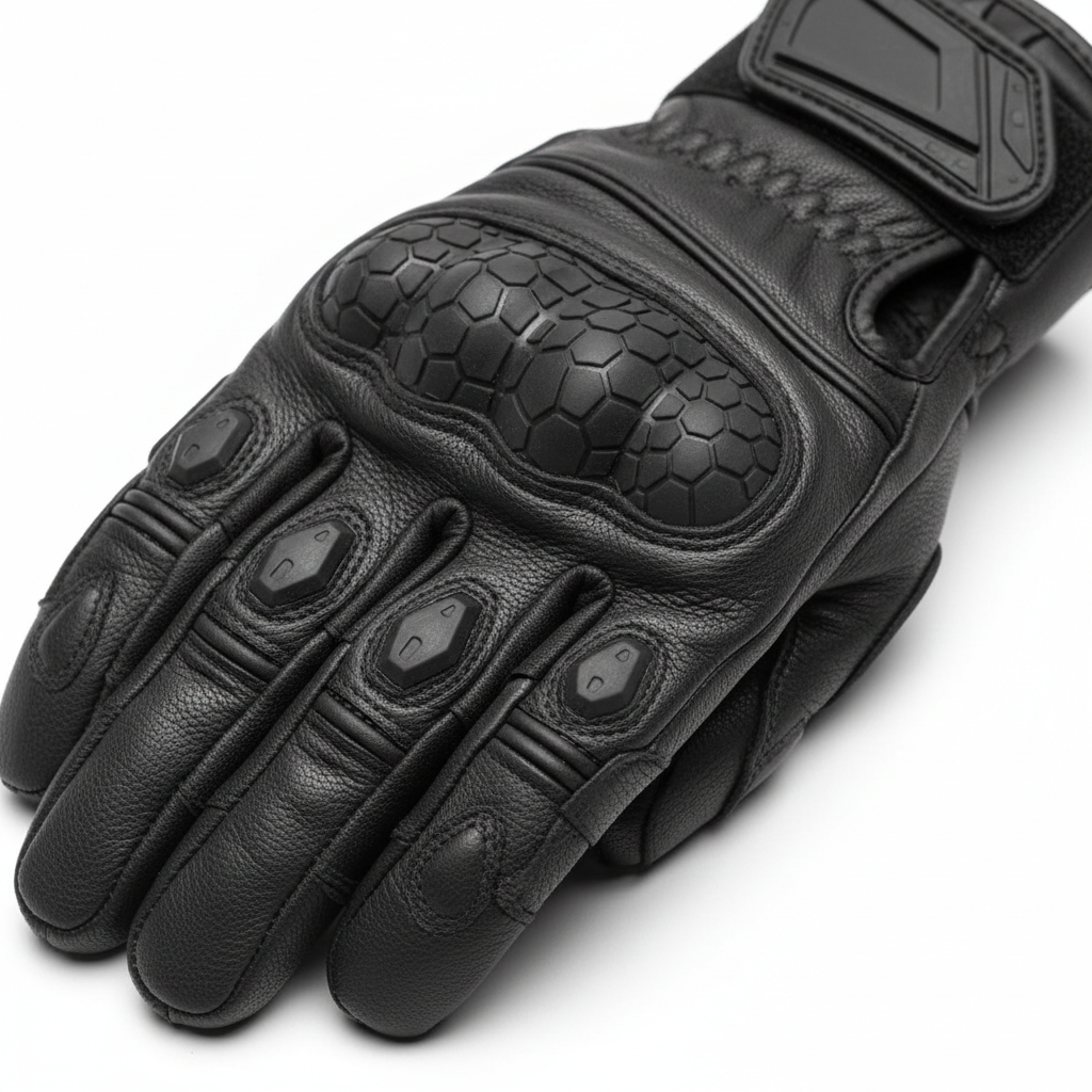 Close-up of plain black palm grip material on motorcycle racing gloves