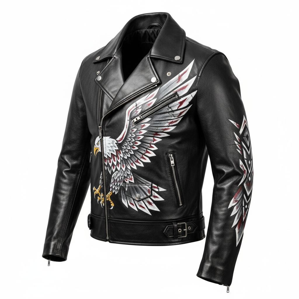 Hand-painted black leather motorcycle jacket, 3/4 front view showing depth and dimension with artwork on chest, shoulder, and sleeve