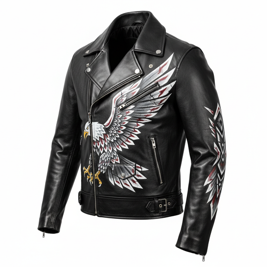 Hand-painted black leather motorcycle jacket, 3/4 front view showing depth and dimension with artwork on chest, shoulder, and sleeve