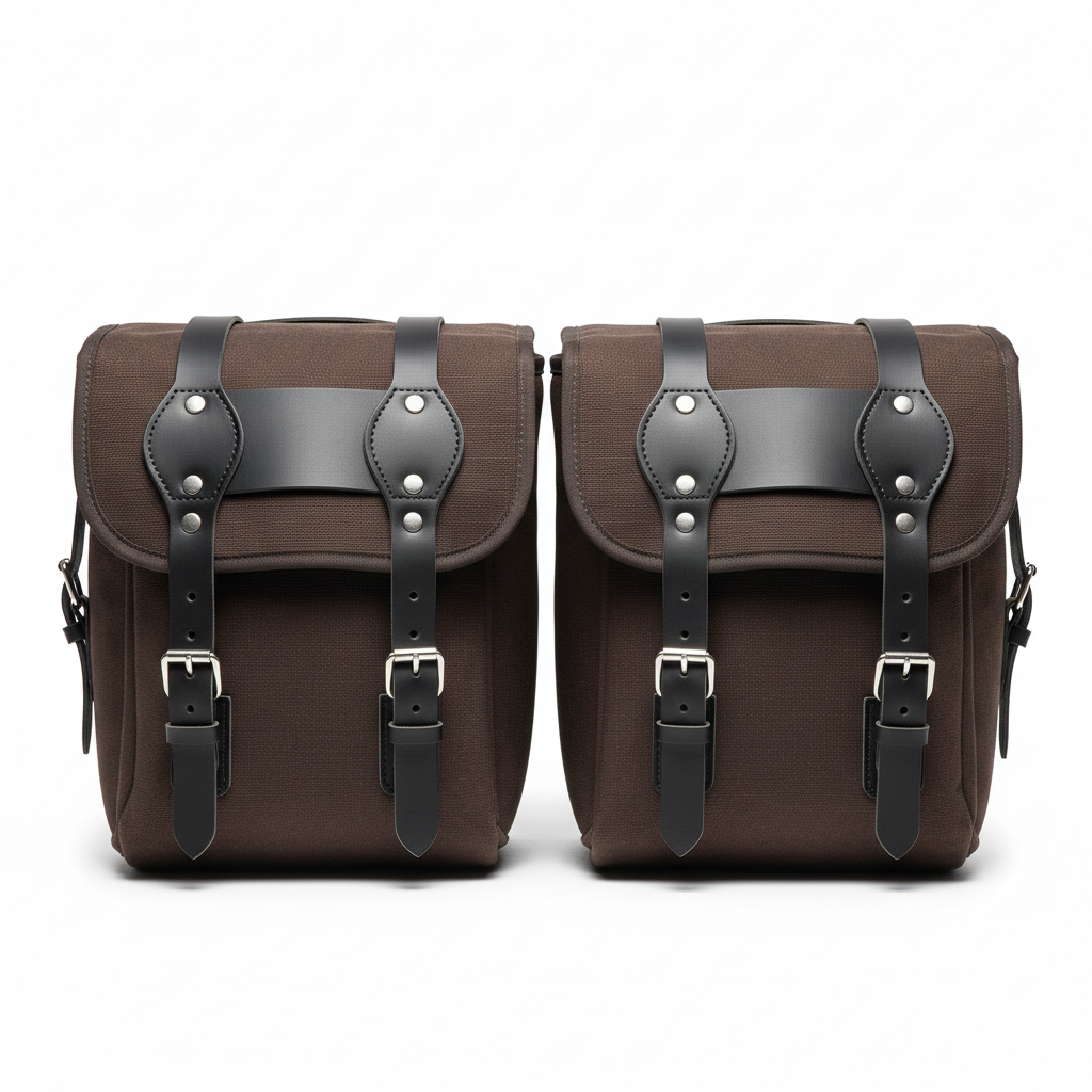 Unbranded leather and canvas motorcycle panniers, front view on white background