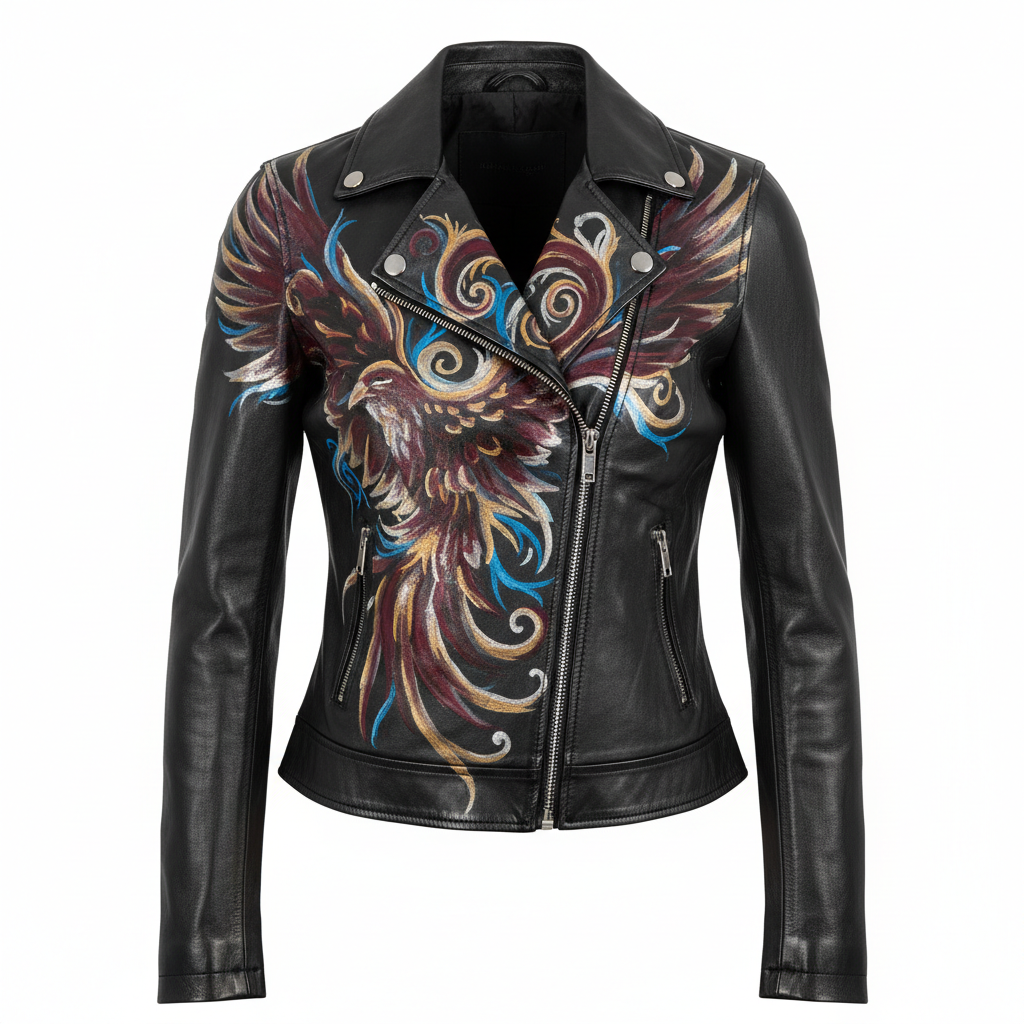 Hand-painted women's black leather motorcycle jacket with signature design, front view on invisible mannequin, bold artwork on chest and shoulders